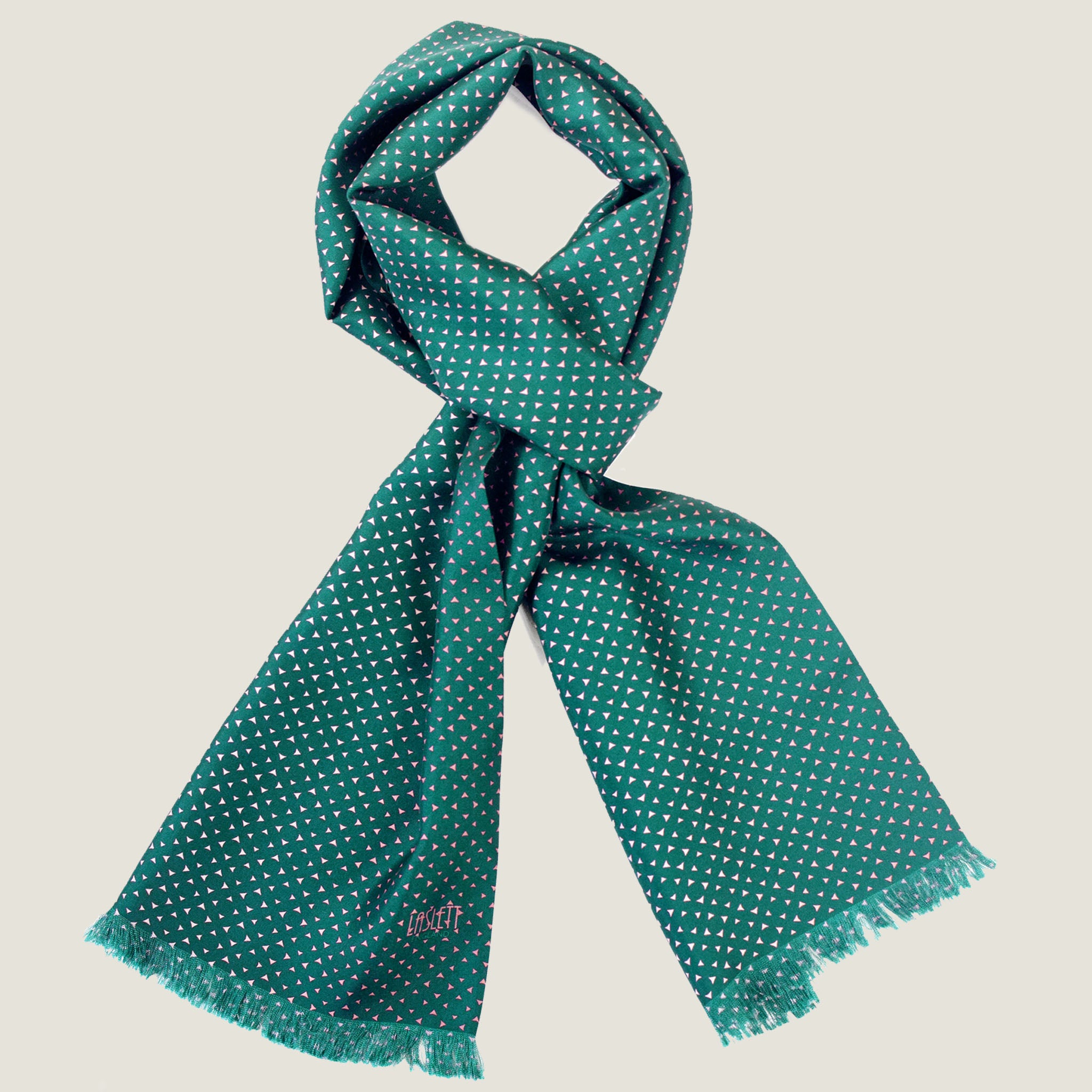 Laslett England Revival Teal Silk Oblong flat lay, 21cm x 165cm double-sided silk twill in deep teal green with blush pink pin triangle print and pin-fringed hem