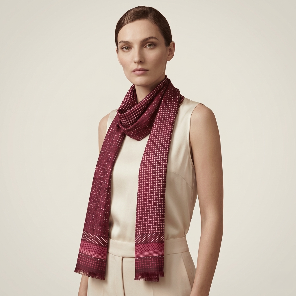 Laslett England Monaco Burgundy Silk Oblong worn looped at neck by female model in cream top, showing burgundy and pink dot print draped at the neck.