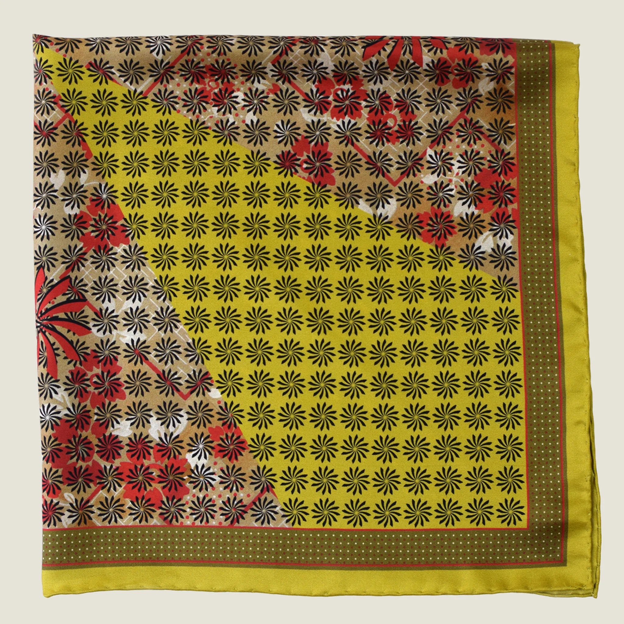 Laslett England Cadiz Silk Bandana folded flat showing mustard gold spot section of radiating geometric print on silk twill.