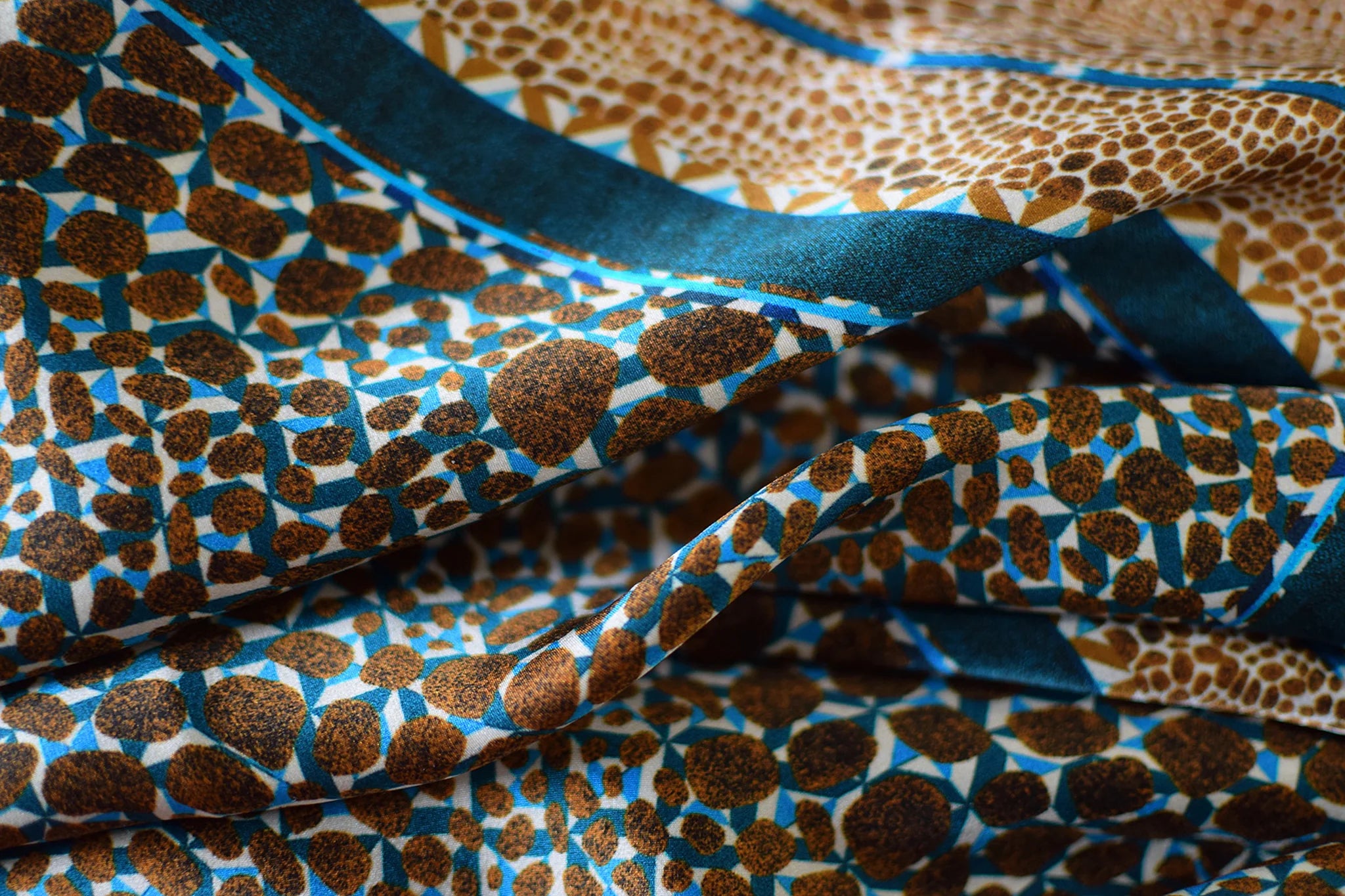 Laslett England silk scarf detail showing teal border and bronze leopard print on 100% silk satin
