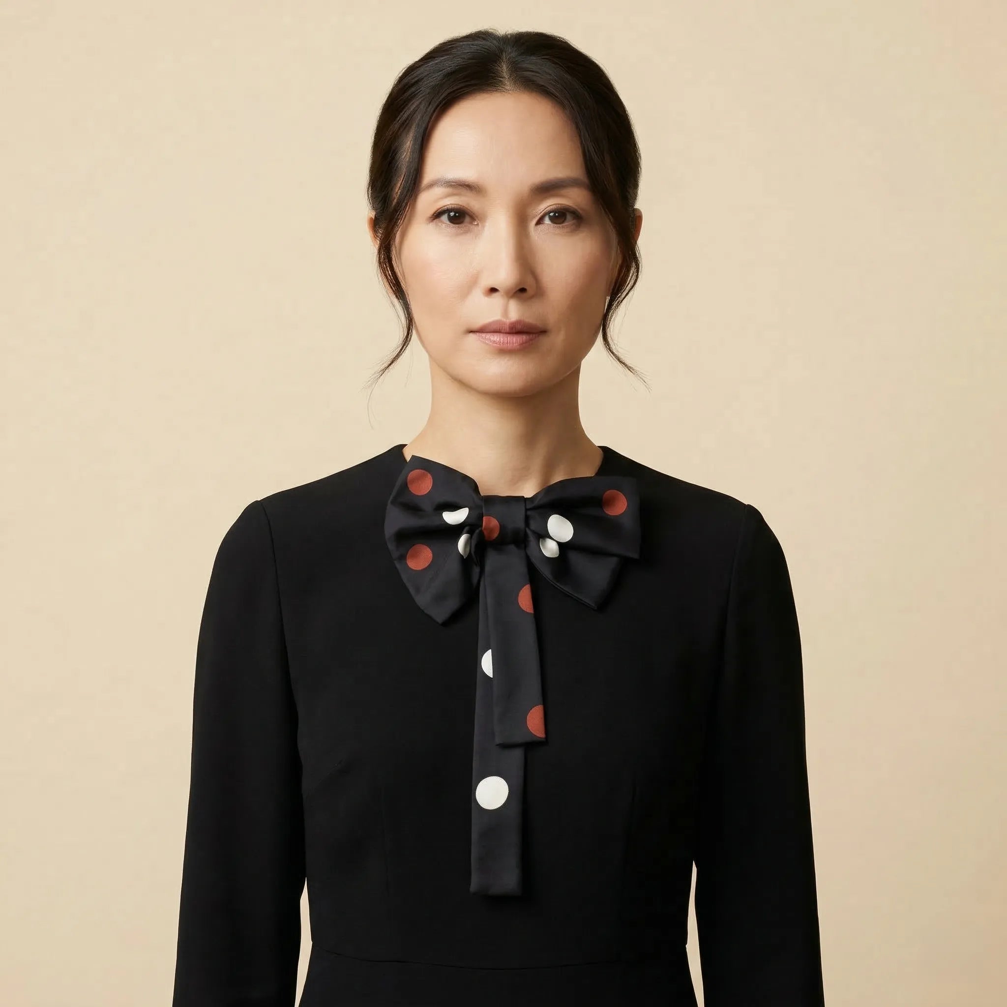 100% silk Coco Silk Bow in black and red by Laslett England. Photographed worn at the neck on a model.