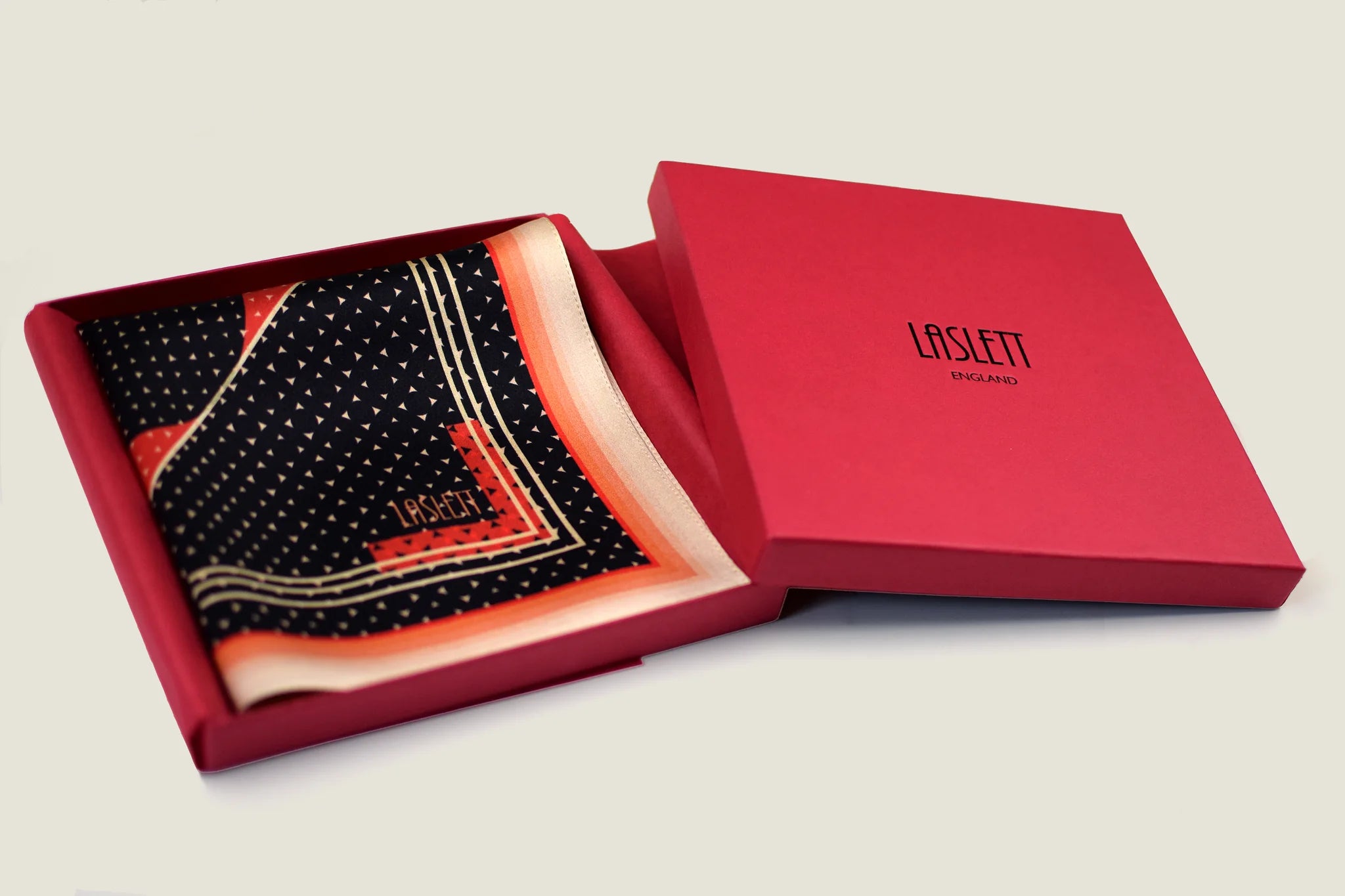 Laslett England Deco Noir silk pocket square in red gift box, luxury men's accessory made in England.