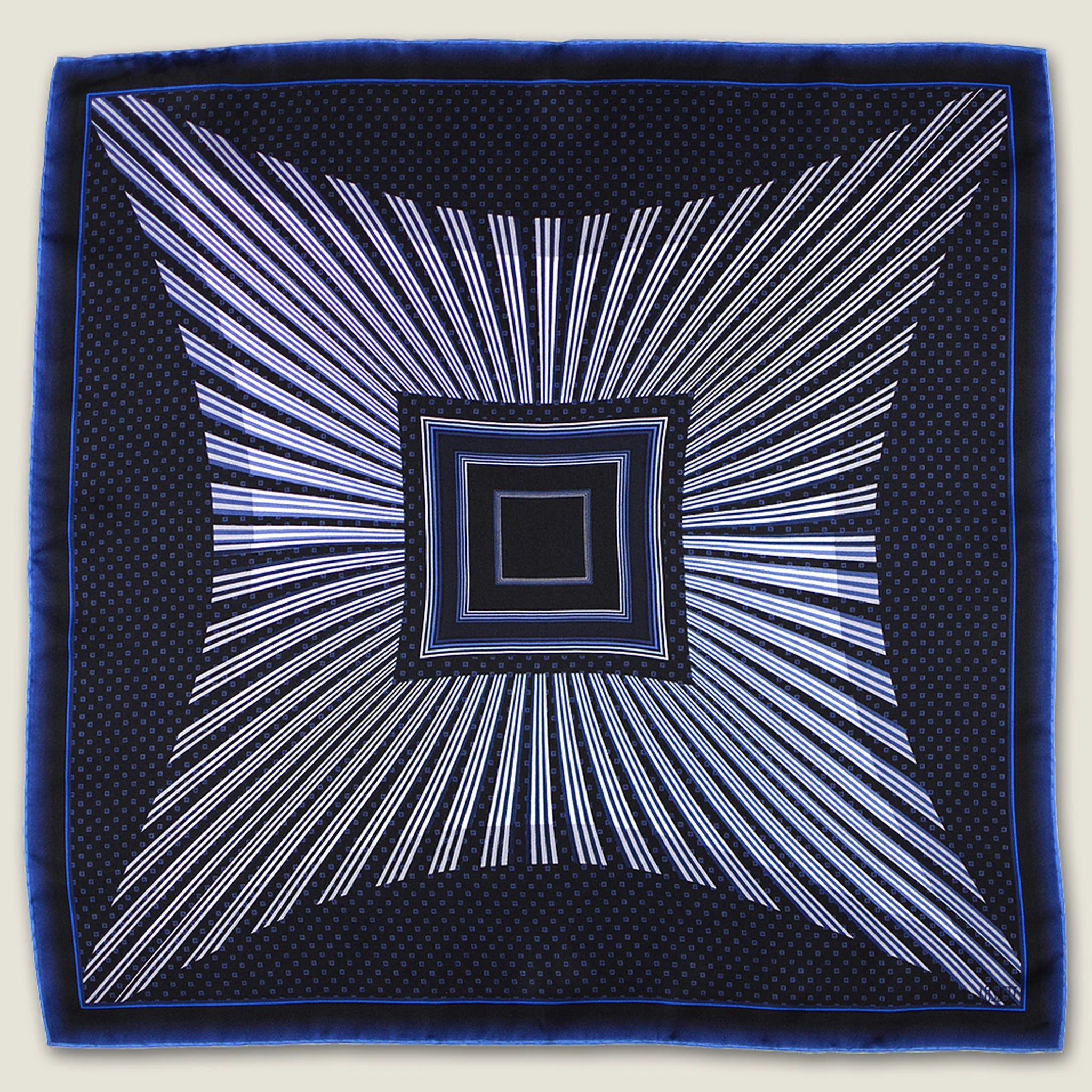 Laslett England Houston Midnight Silk Bandana flat lay, midnight blue silk twill with graphic radial stripe print and blue border, 55cm x 55cm.