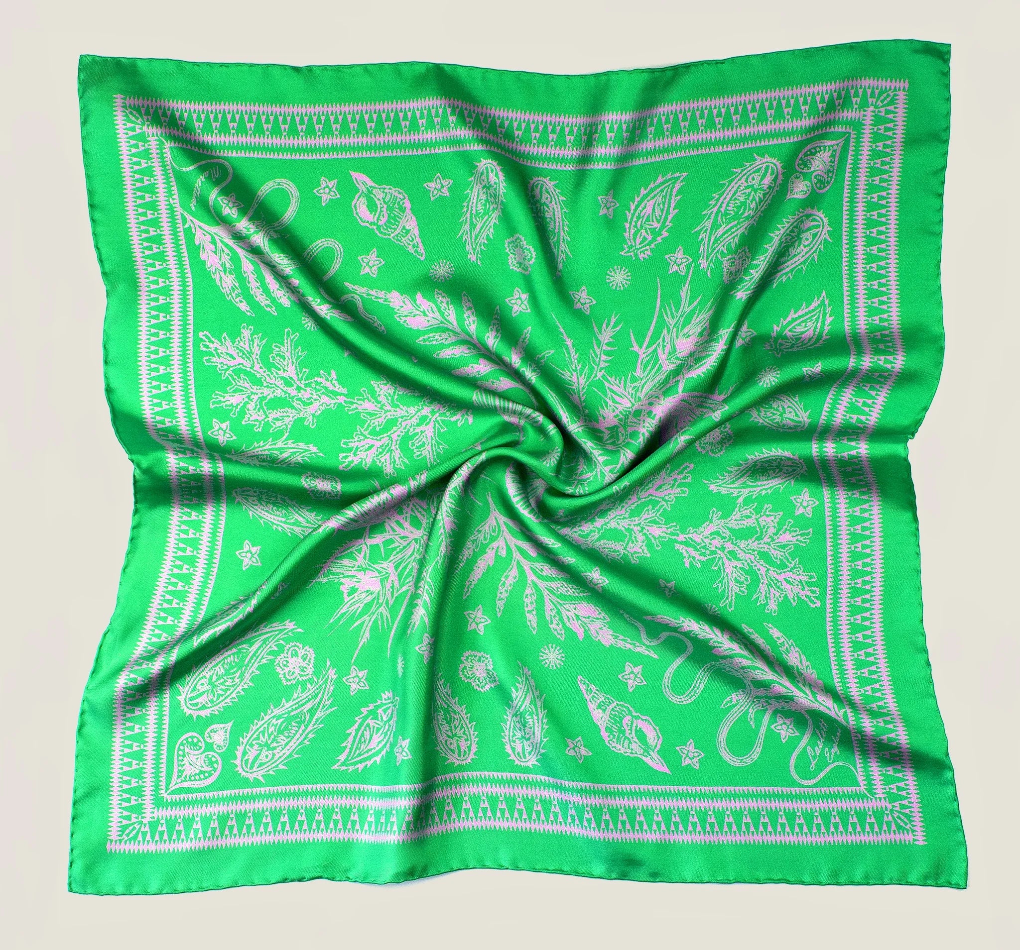 100% silk Marettimo Jewel Green Silk Bandana by Laslett England shown in flat lay against a neutral background.