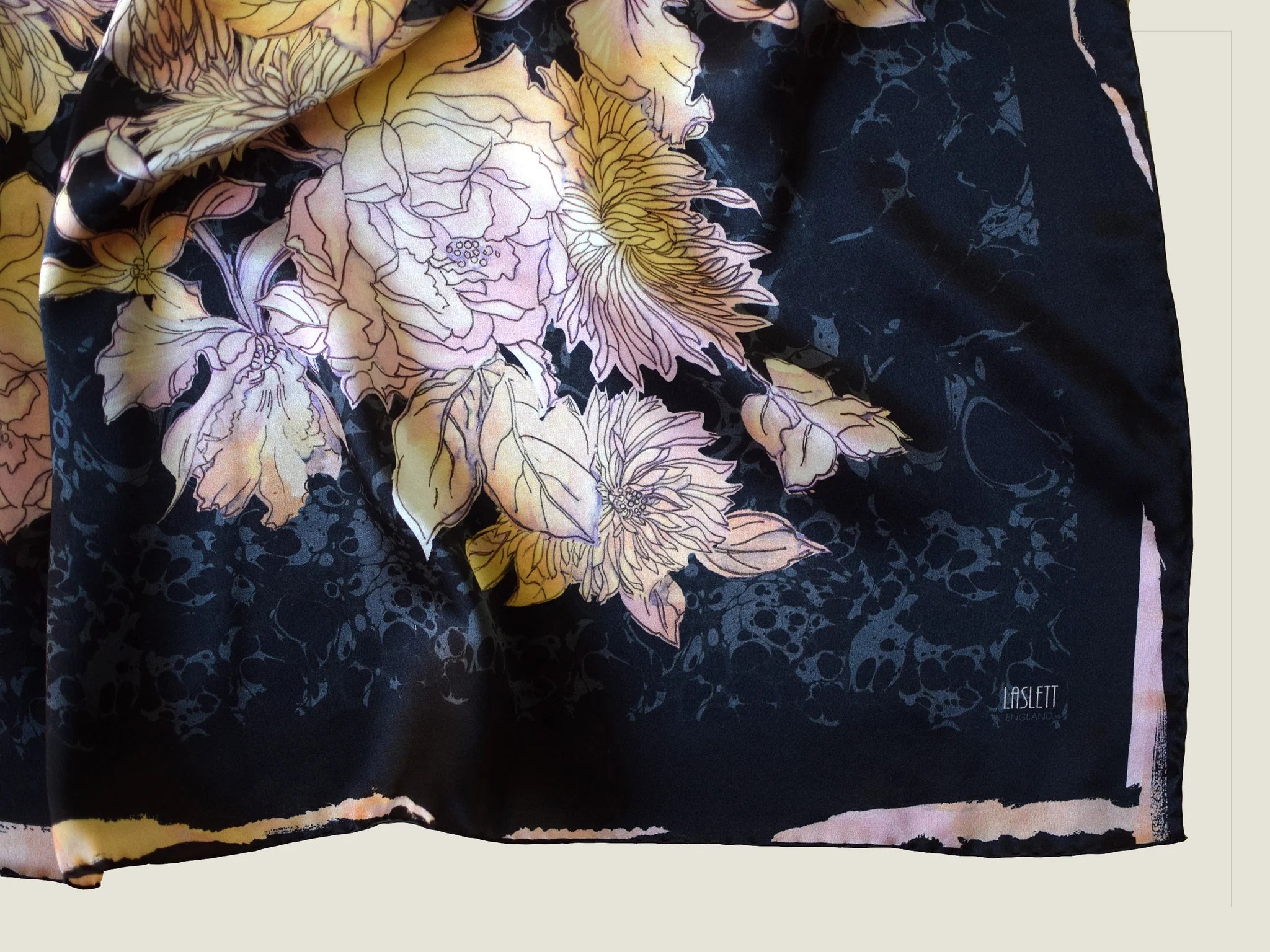 Midnight Rose 90cm silk square loosely folded to show drape and weight of the fabric — Laslett England