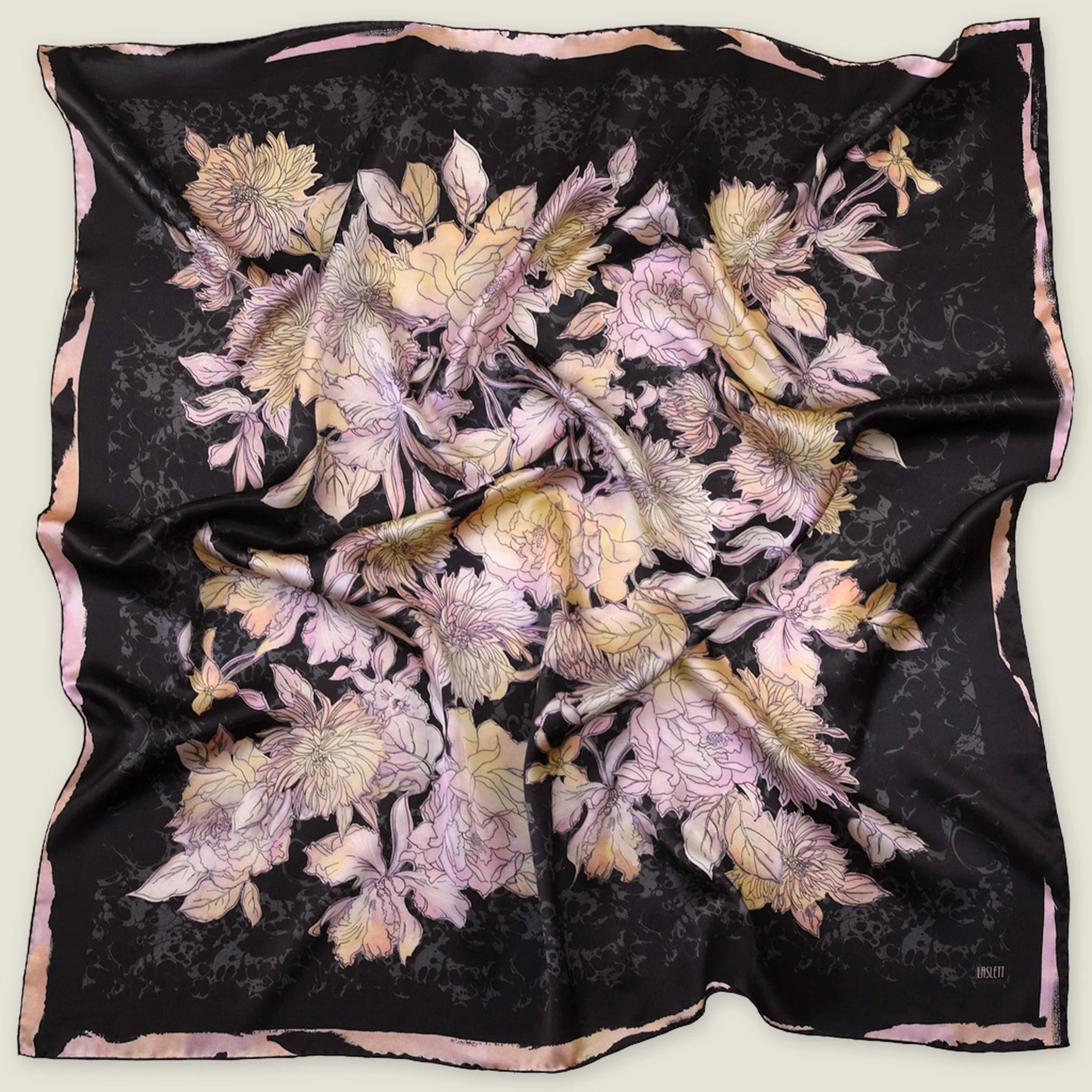 Midnight Rose 90cm silk square laid flat, showing full floral pattern in deep navy, blush and gold — Laslett England