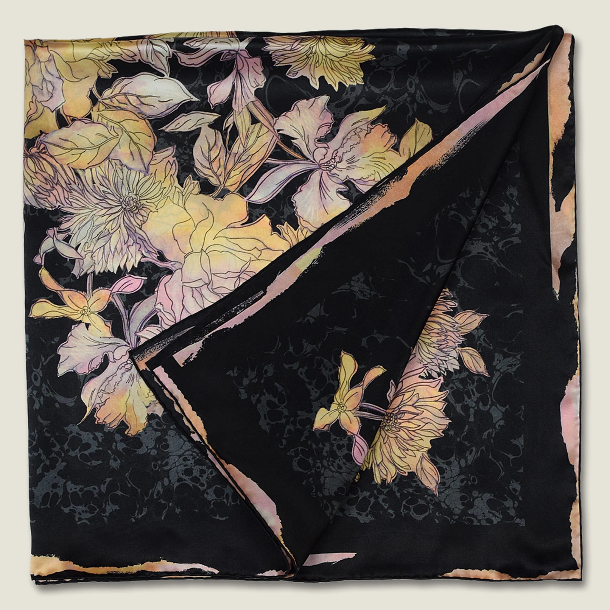 Midnight Rose silk square folded on the diagonal, showing border detail and pattern repeat — Laslett England