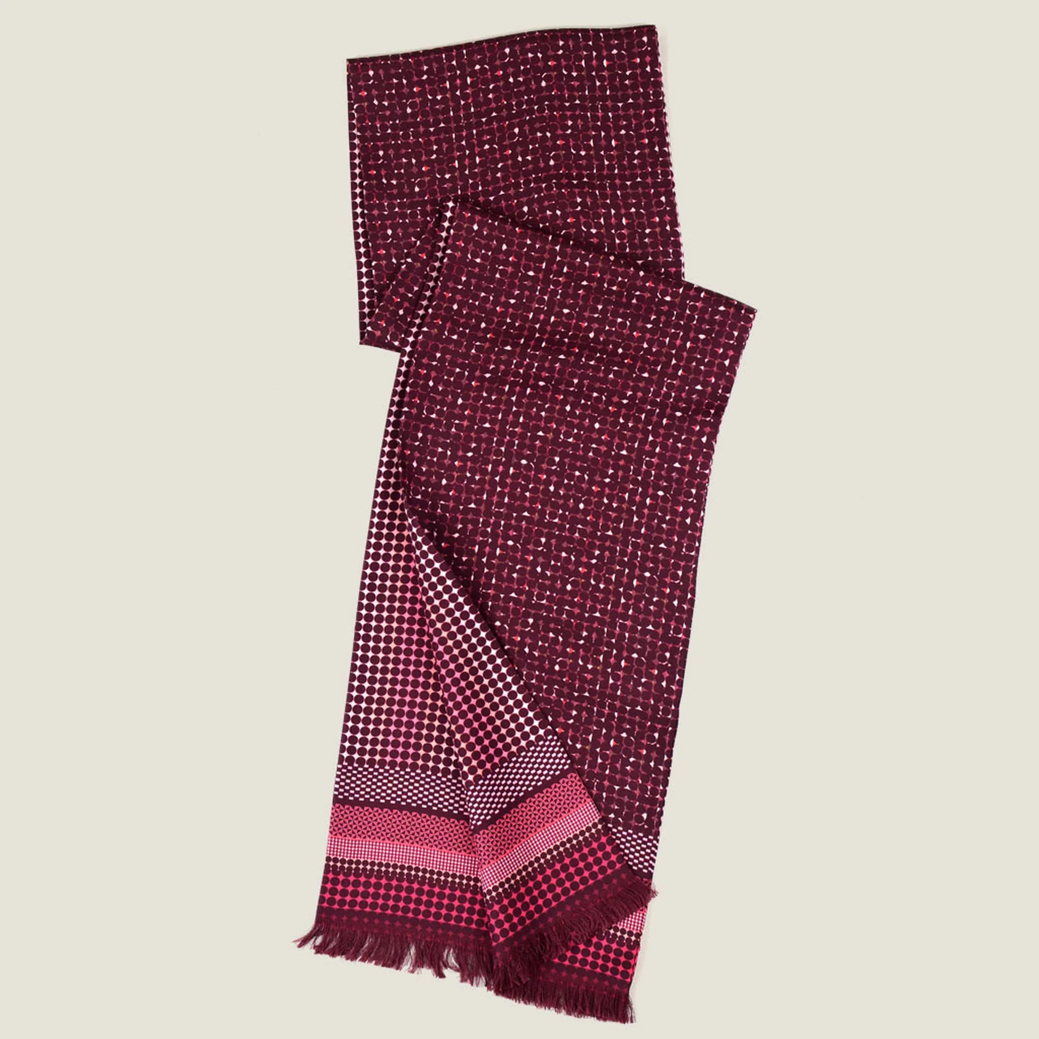 Laslett England Monaco Burgundy Silk Oblong detail showing pin-fringed hem on deep burgundy 100% silk twill.