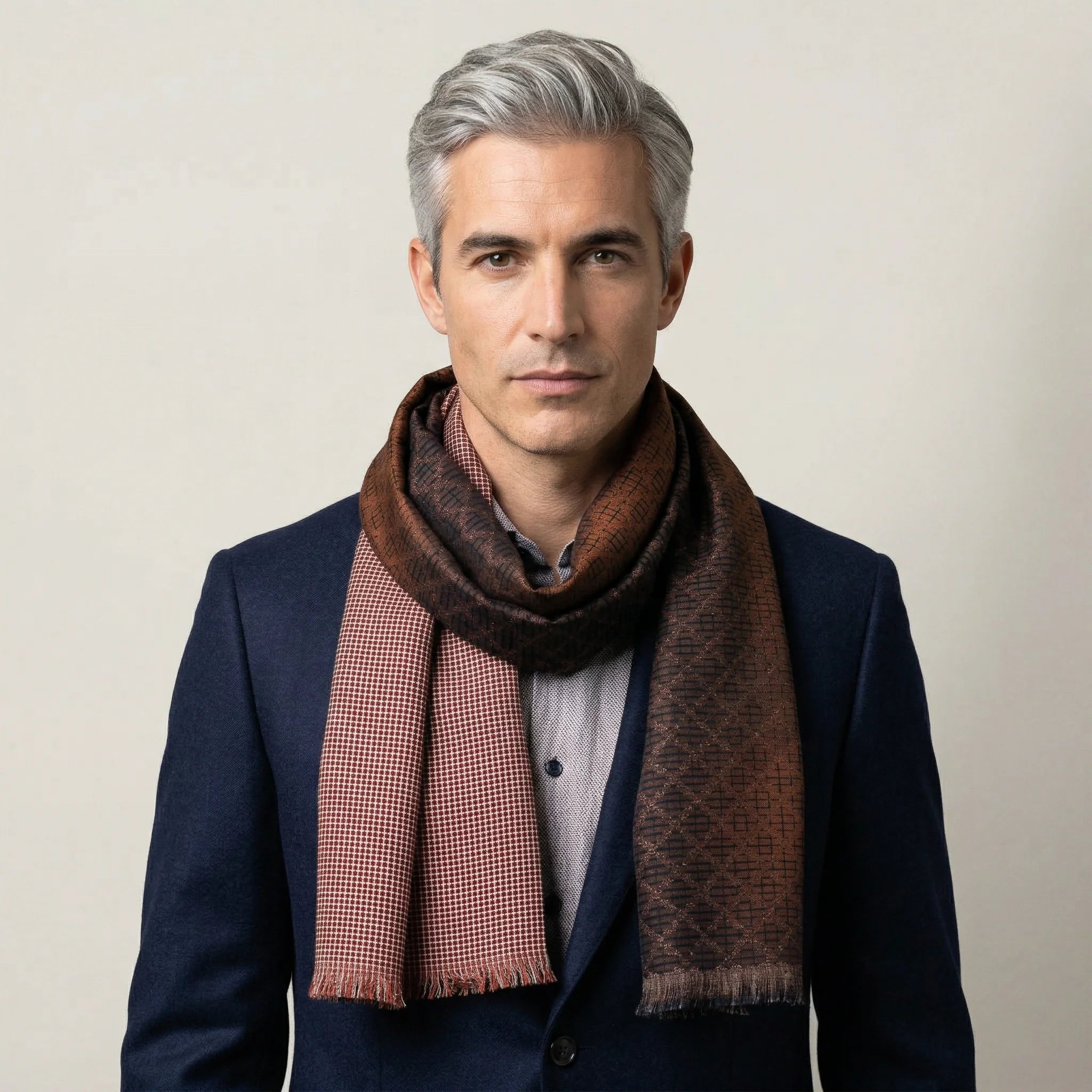 Laslett England Mosaic Copper Silk Oblong worn looped at neck by male model in navy jacket, showing warm copper and brown trellis print on silk twill.