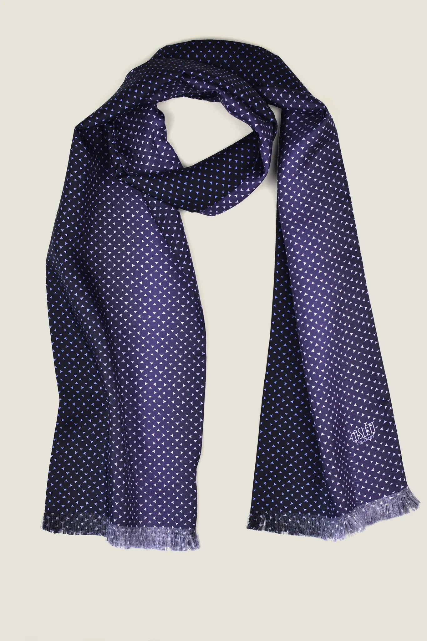 Laslett England Revival Navy Silk Oblong flat lay, 21cm x 165cm double-sided silk twill in deep navy with white pin triangle print and pin-fringed hem