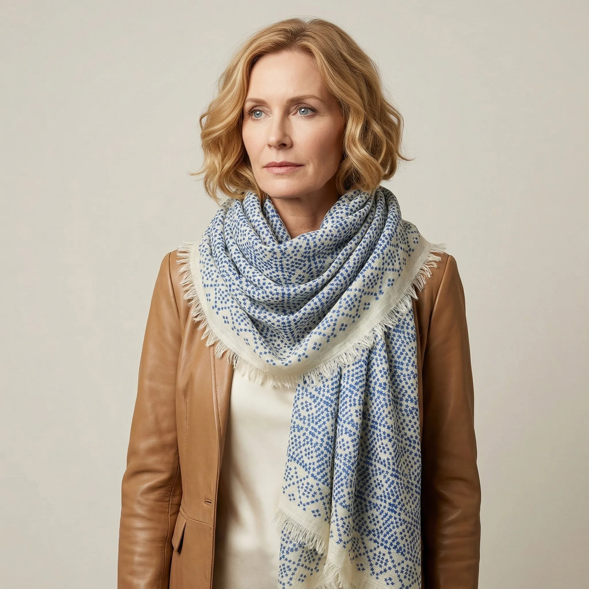Laslett England Starry Cream Laslett Wrap worn draped over shoulders by female model in camel coat, showing cream ground with blue micro-star print