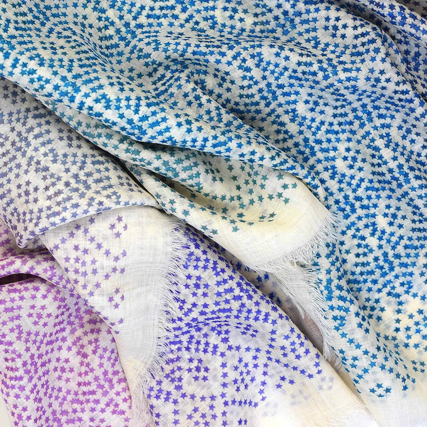 Laslett England Starry Rainbow Laslett Wrap detail showing micro-star print in gradual rainbow colourway on 100% superfine wool.