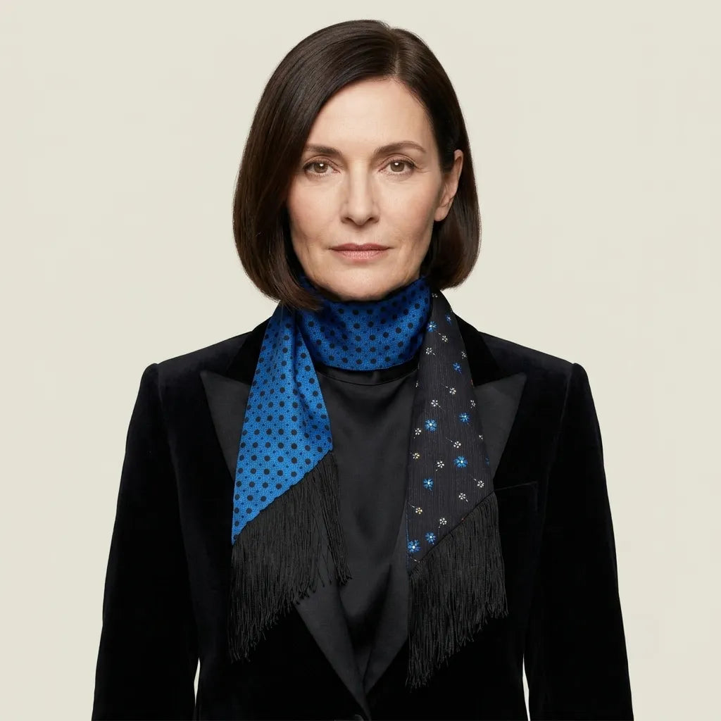 Female model wears a black velvet suit and the Tuxedo Blue Laslett England silk scarf showing contrasting patterns.