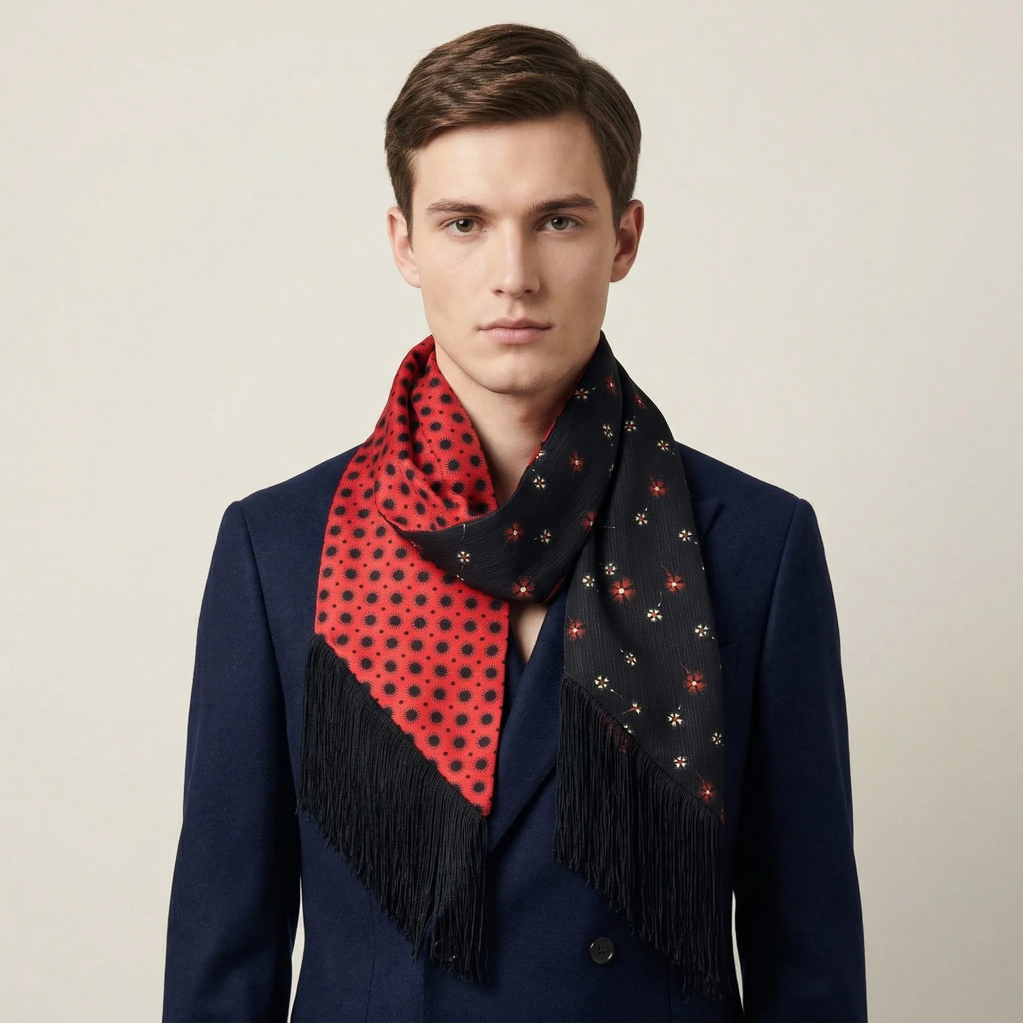 Laslett England Tuxedo Red Fringed Silk Scarf worn at neck by male model in navy suit, red side facing outward with black tassel fringe hanging down.