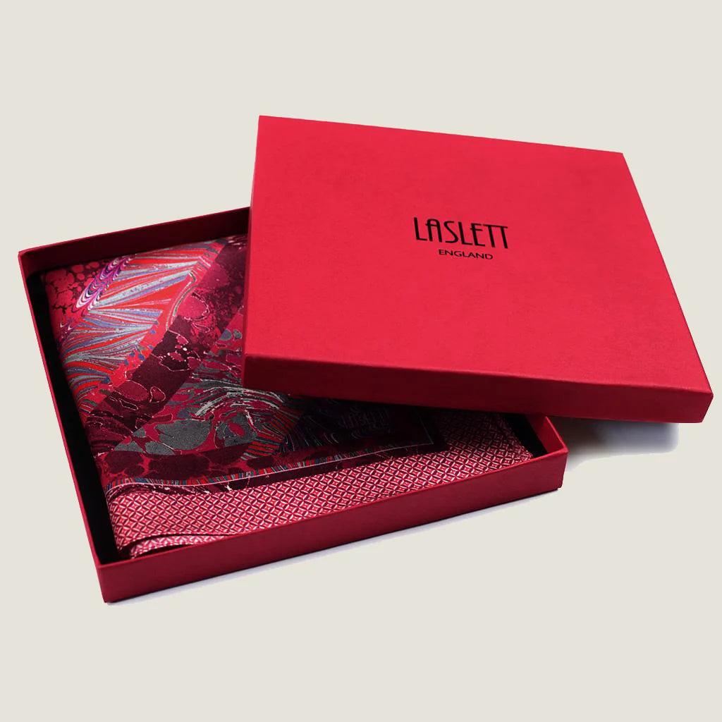 Laslett England Marble Red pocket square in Laslett England signature red box.