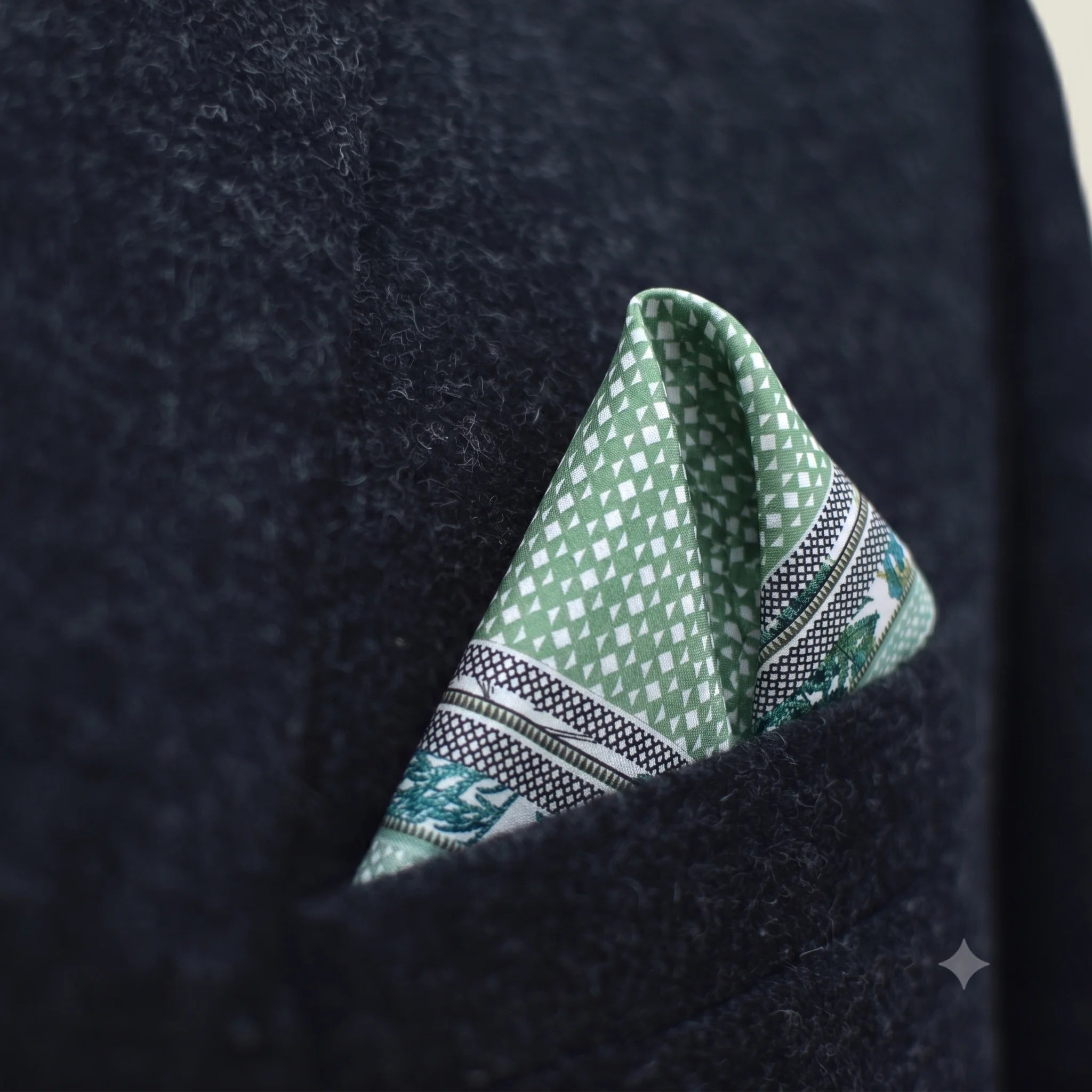 Laslett England Panama Sage pocket square folded into a triangle in a dark sit pocket.