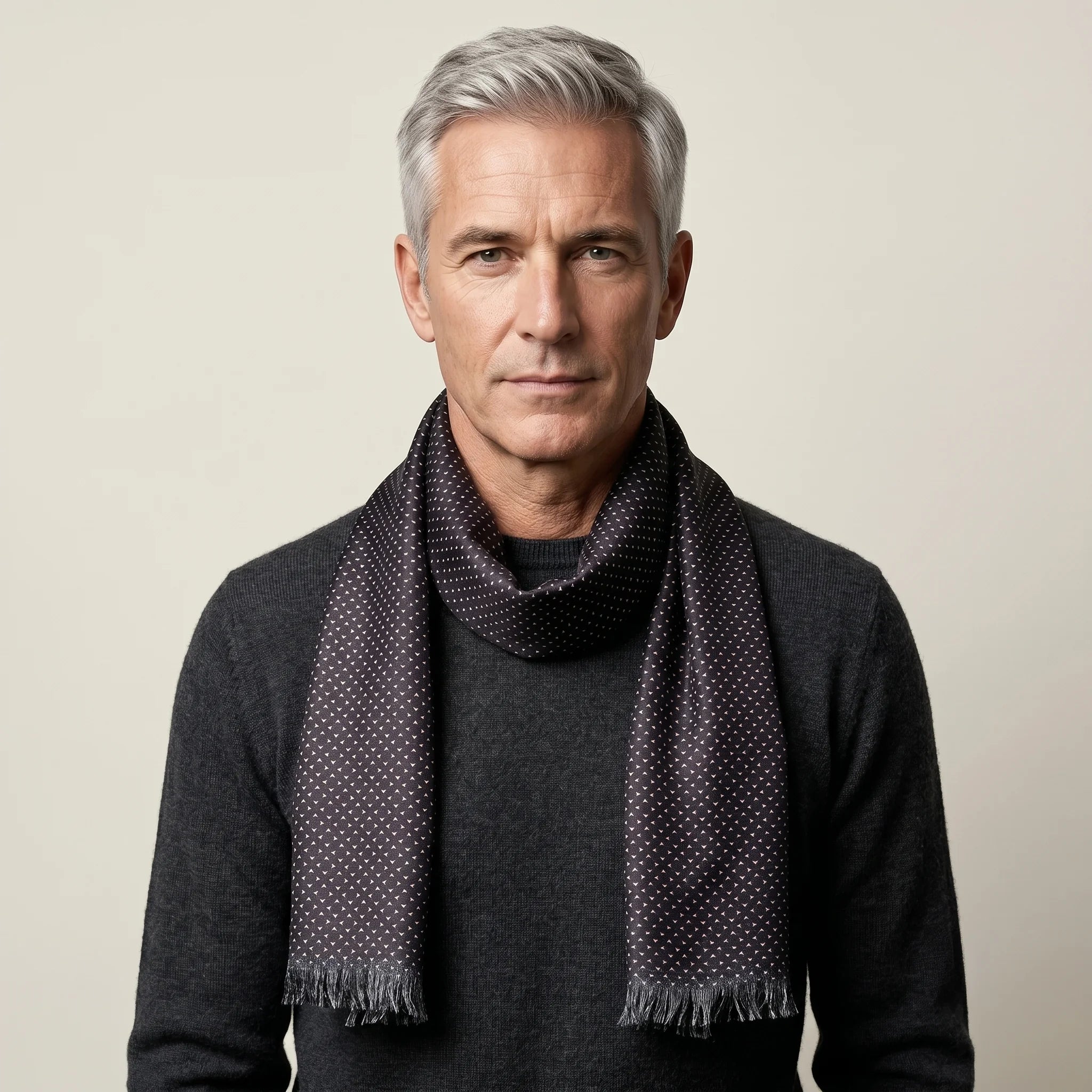 Laslett England Revival Mocha silk oblong shown tied loosely around a male model's neck.