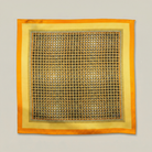 100% silk Matrix Gold Pocket Square has a futuristic geometric design that reveals, on closer inspection, repeating graphic lines and patterns across the surface. Square is shown in flat lay. 