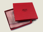 100% silk Moresque Bronze pocket square displayed in a signature red display box. 