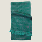 Laslett England Teal Silk Oblong folded detail showing soft pink geometric dot print on deep teal 100% silk twill with pin-fringed hem