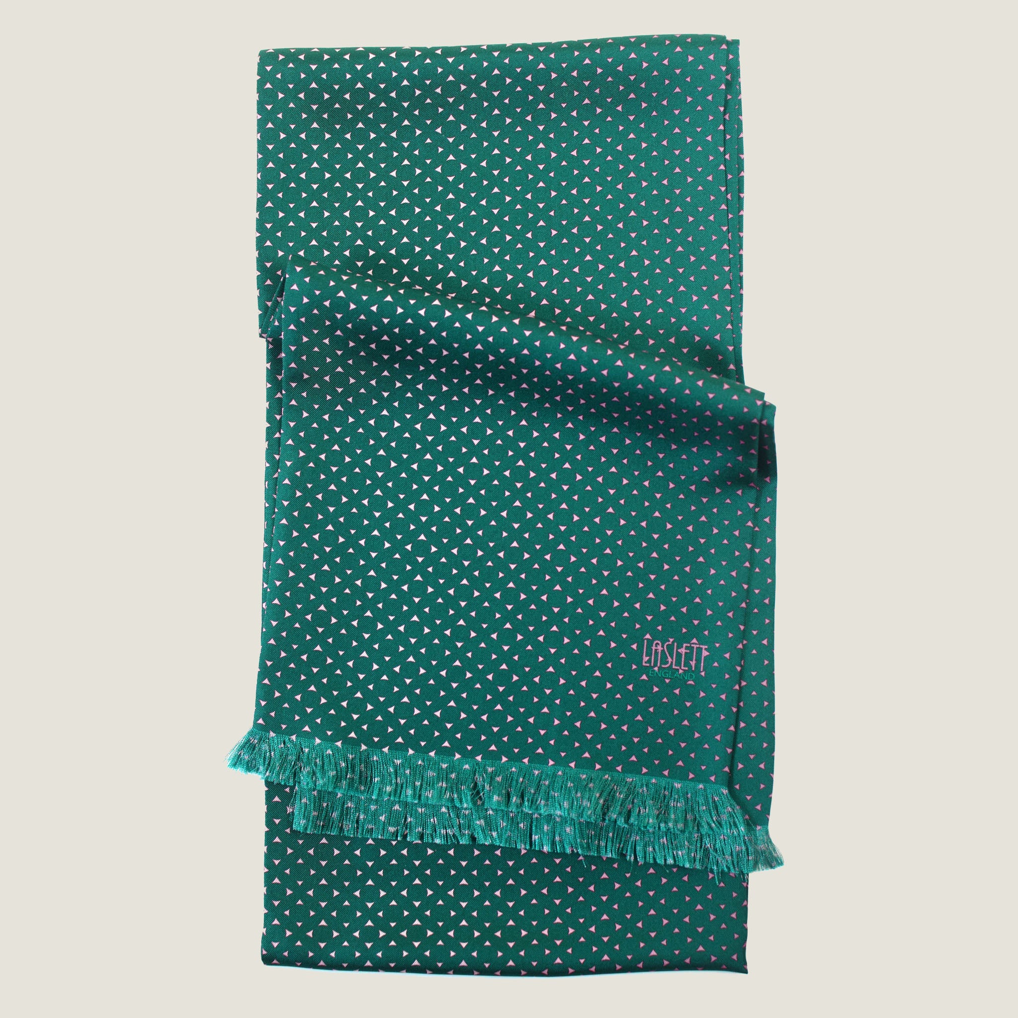 Laslett England Teal Silk Oblong folded detail showing soft pink geometric dot print on deep teal 100% silk twill with pin-fringed hem