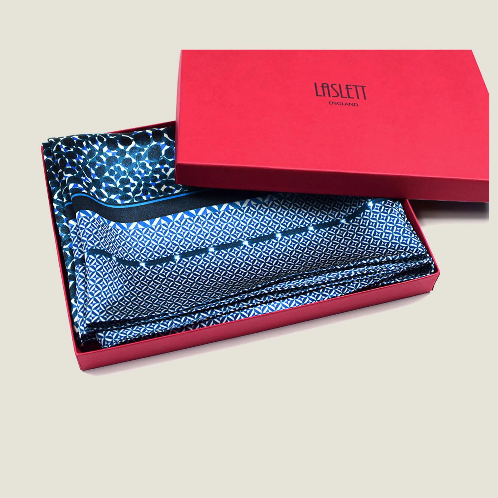 Laslett England Camo Indigo Classic Square folded in red gift box, luxury silk scarf gift made in England.
