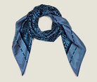 Laslett England Camo Indigo Classic Square silk scarf flat lay, navy and indigo geometric animal print.