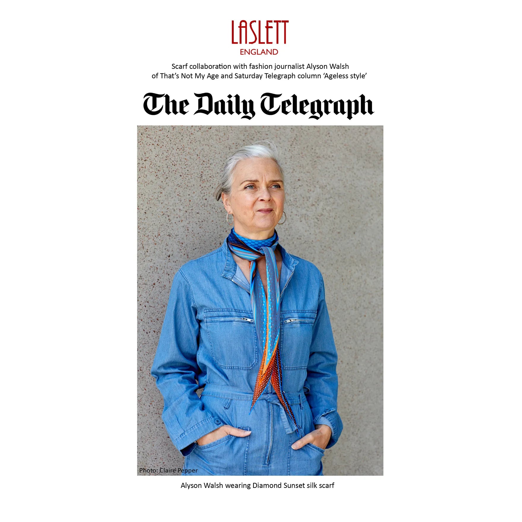 Alyson Walsh from 'That's Not my Age' wearing the 100% silk Sunset Orange Laslett Diamond in orange and blue. Pictured in The Daily Telegraph. 