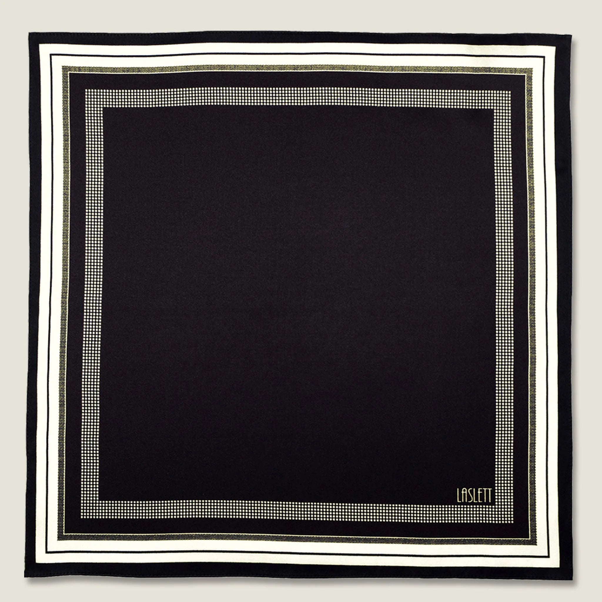 Laslett England Gambit Ivory pocket square folded flat, showing full black ground with ivory border.