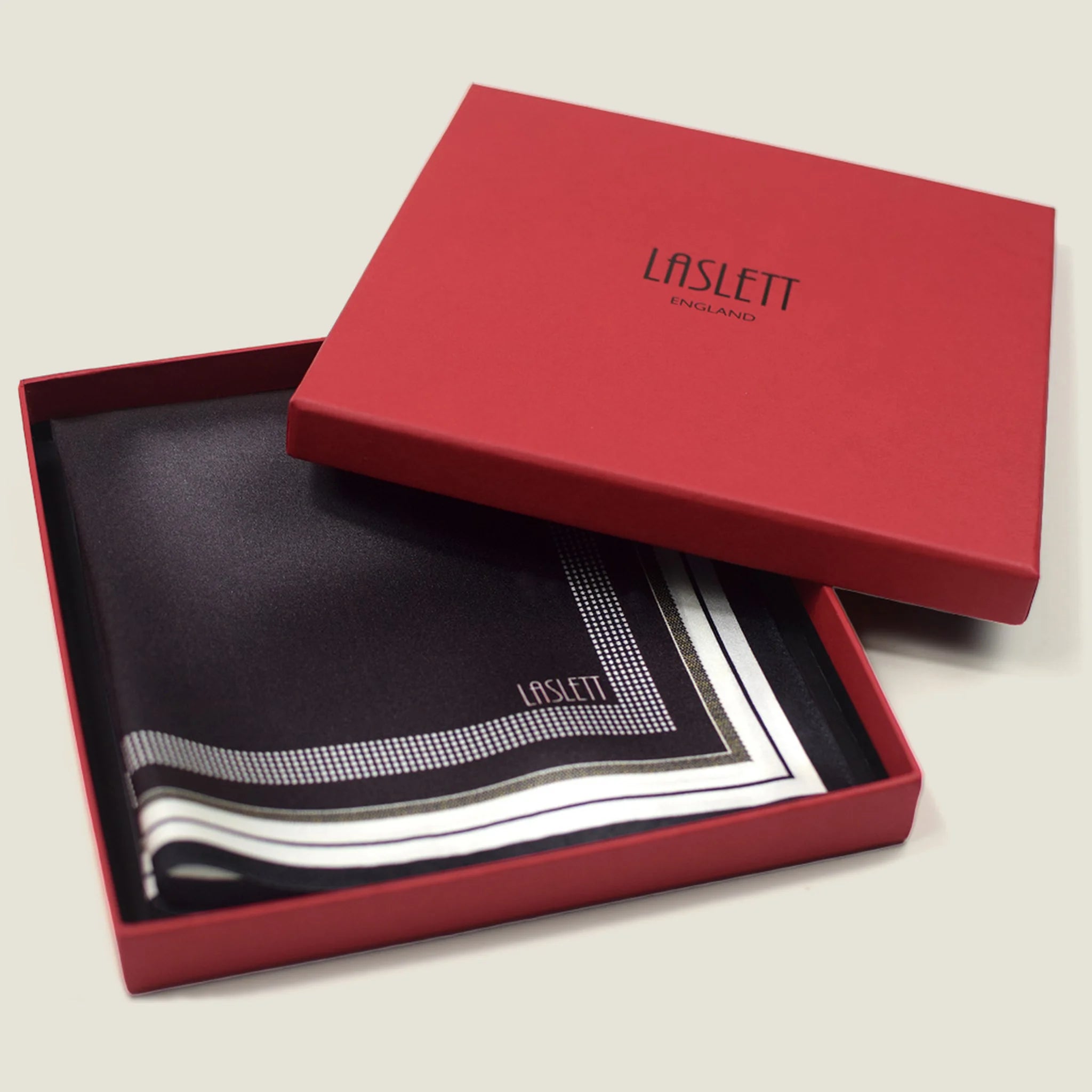 Laslett England Gambit Ivory silk pocket square in red gift box, luxury men's accessory made in England.