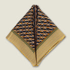 100% silk Havana Camel Pocket Square in gold and black with orange and green highlights by Laslett England. Scarf is shown folded into two triangles. 