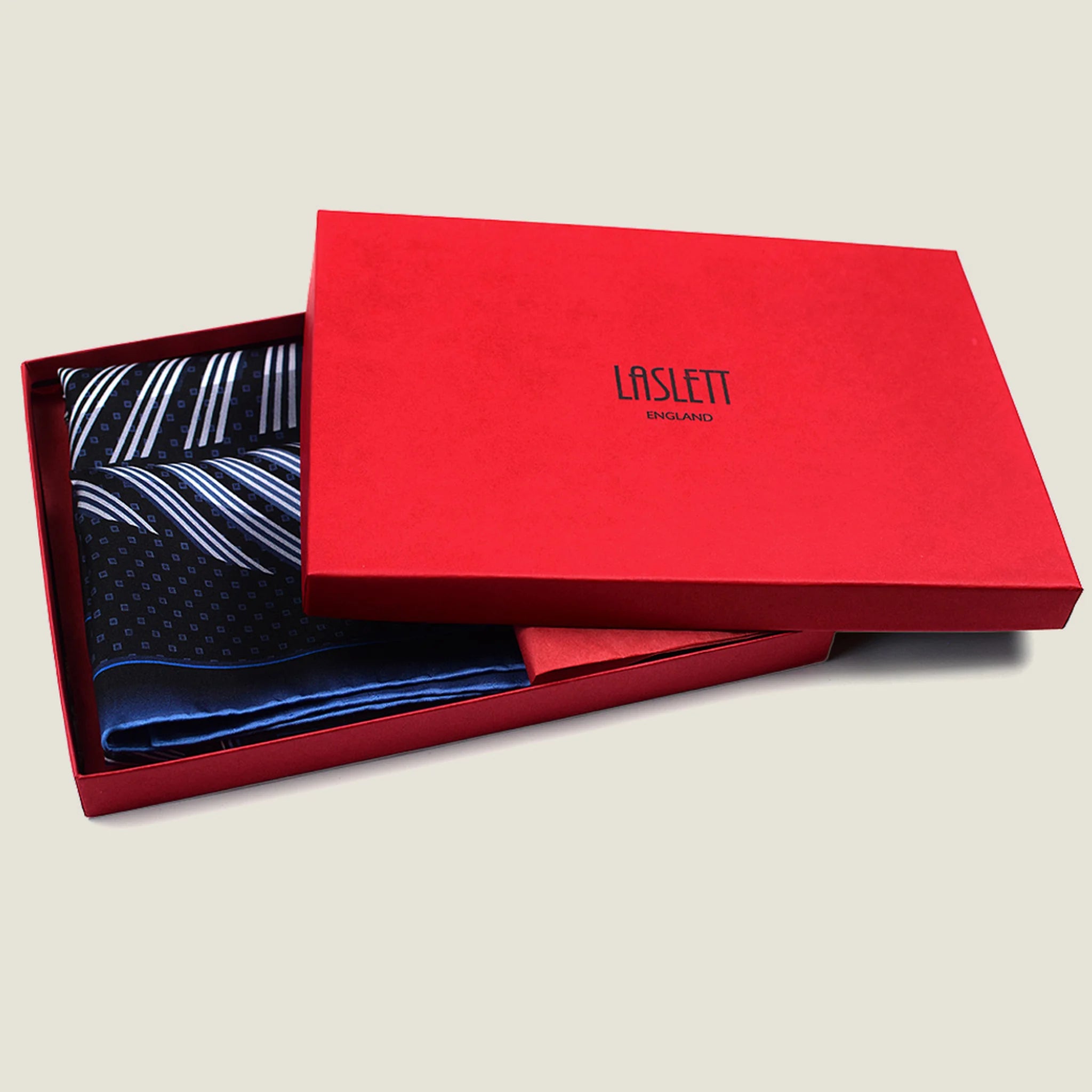 Laslett England Houston Midnight Silk Bandana in red gift box, luxury silk bandana gift made in England.