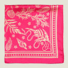 Laslett England Marettimo Cerise Silk Bandana flat lay, cerise pink silk twill with cream discharge-printed coastal botanical print, 57cm x 57cm.