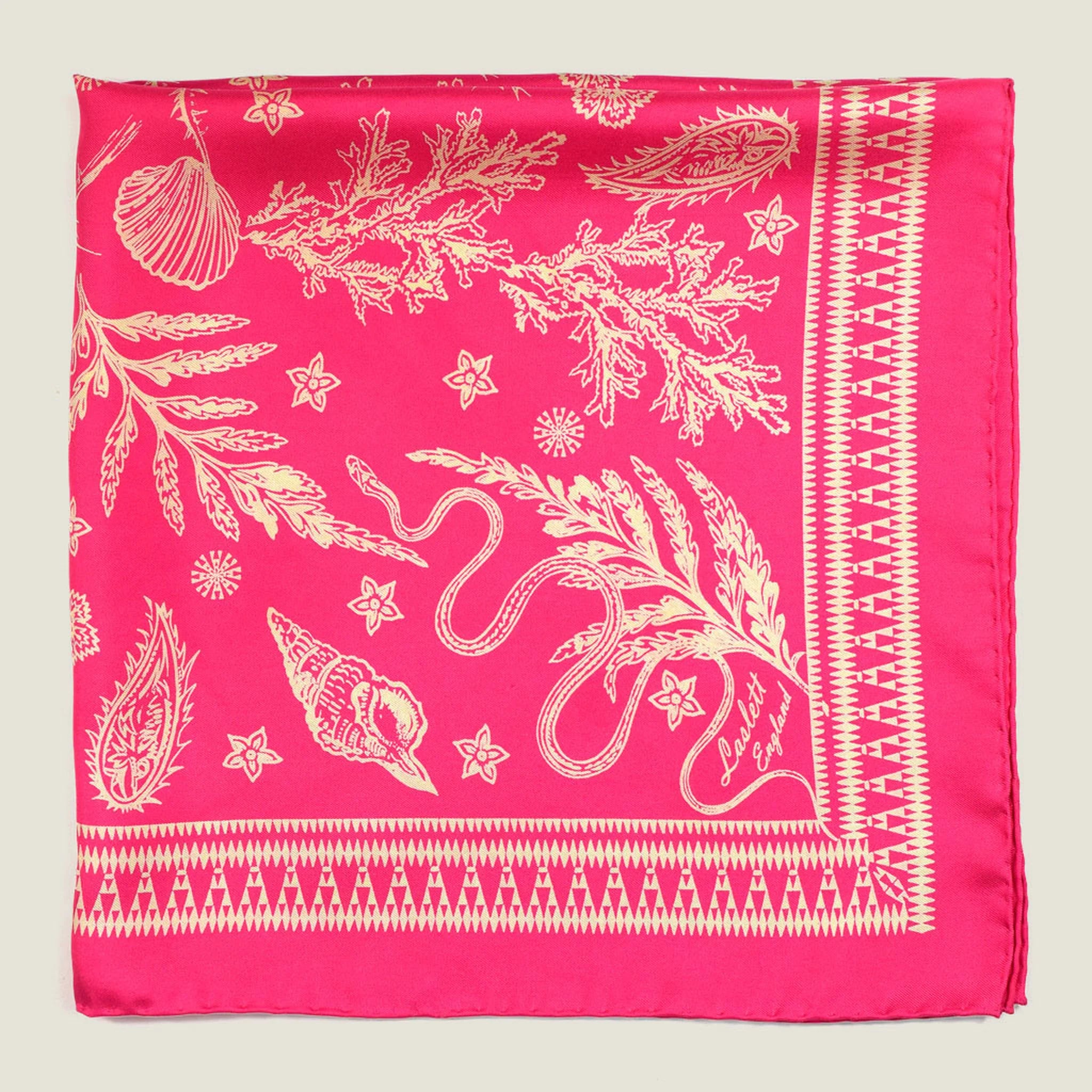 Laslett England Marettimo Cerise Silk Bandana flat lay, cerise pink silk twill with cream discharge-printed coastal botanical print, 57cm x 57cm.