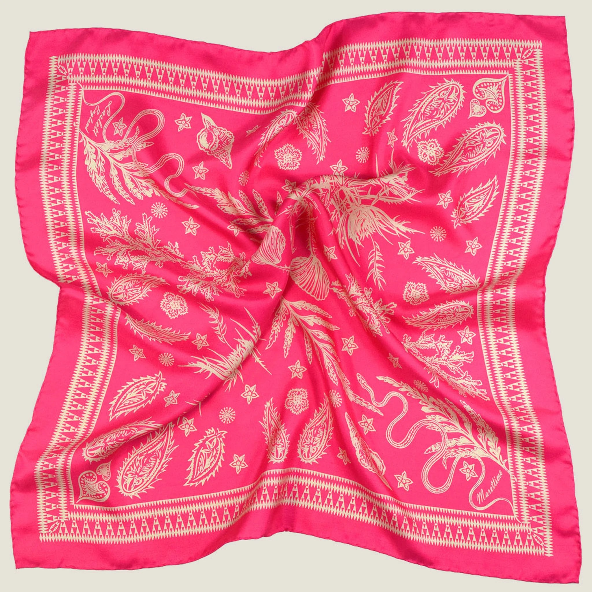 Laslett England Marettimo Cerise Silk Bandana flat lay showing full cerise pink ground with cream coastal plants and maritime motifs.