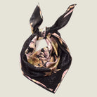 Midnight Rose silk square folded as a neck tie or bag accessory — Laslett England