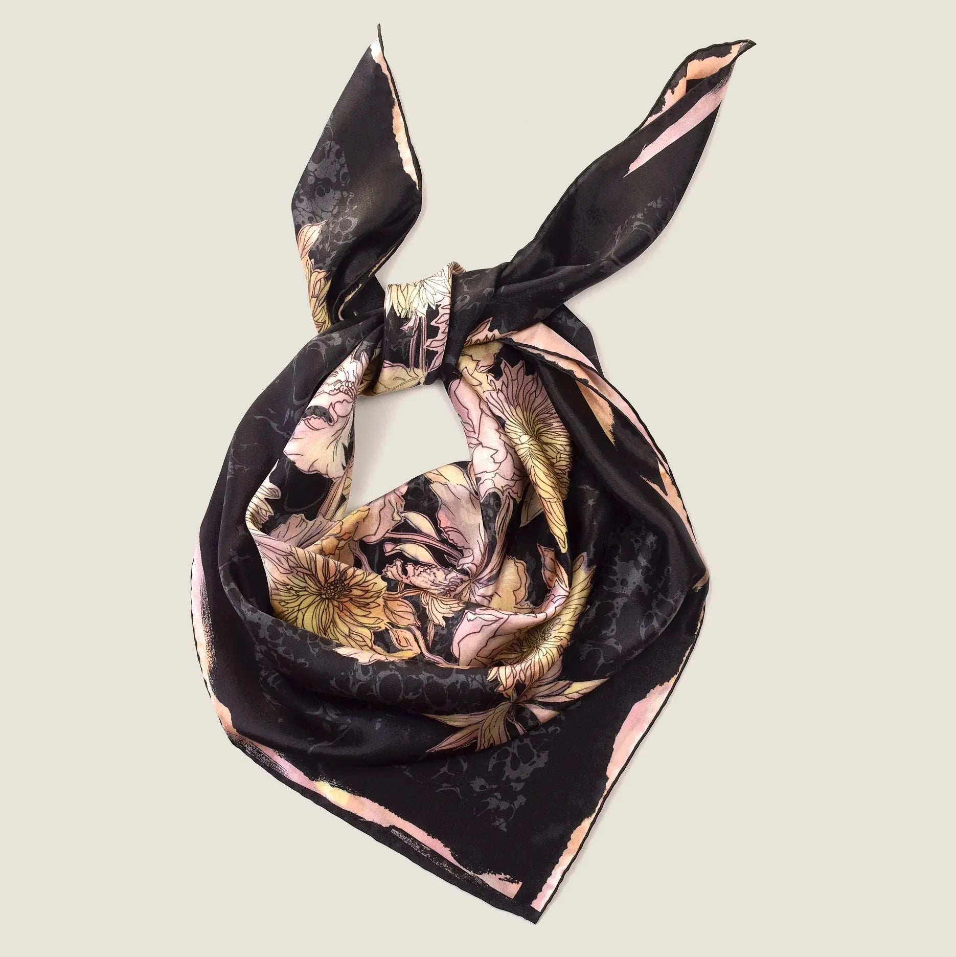 Midnight Rose silk square folded as a neck tie or bag accessory — Laslett England