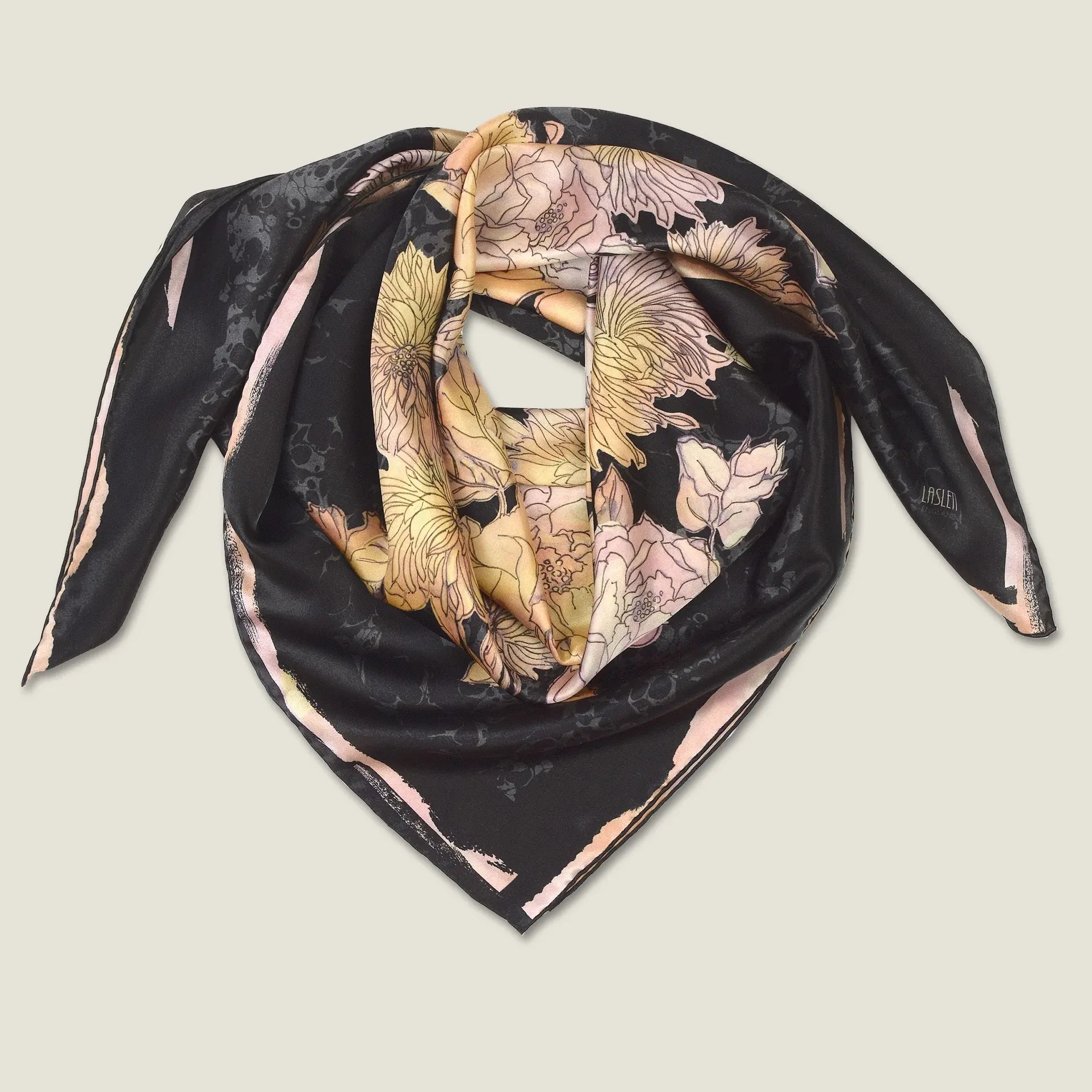 Midnight Rose 90cm silk square loosely folded to show drape and weight of the fabric — Laslett England
