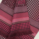 Laslett England Monaco Burgundy Silk Oblong detail showing pink and burgundy stripe border graduating from white dot print on deep burgundy silk twill.