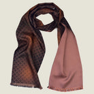 Laslett England Mosaic Copper Silk Oblong flat lay, 21cm x 165cm double-sided silk twill showing copper trellis print and terracotta micro check reverse with pin-fringed hem.