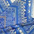 Laslett England Nordic Indigo Superfine Square detail showing 18th century weaving draft folk pattern in indigo and cream on wool silk blend