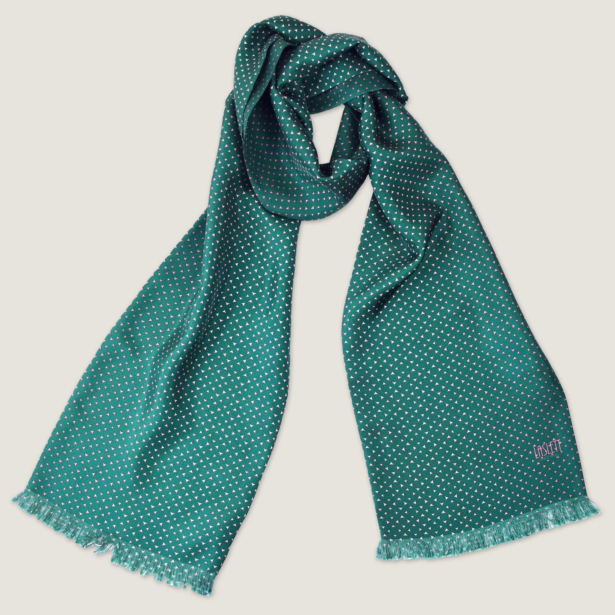 Laslett England Revival Teal Silk Oblong flat lay, 21cm x 165cm double-sided silk twill in teal green with soft pink pin triangle print and pin-fringed hem