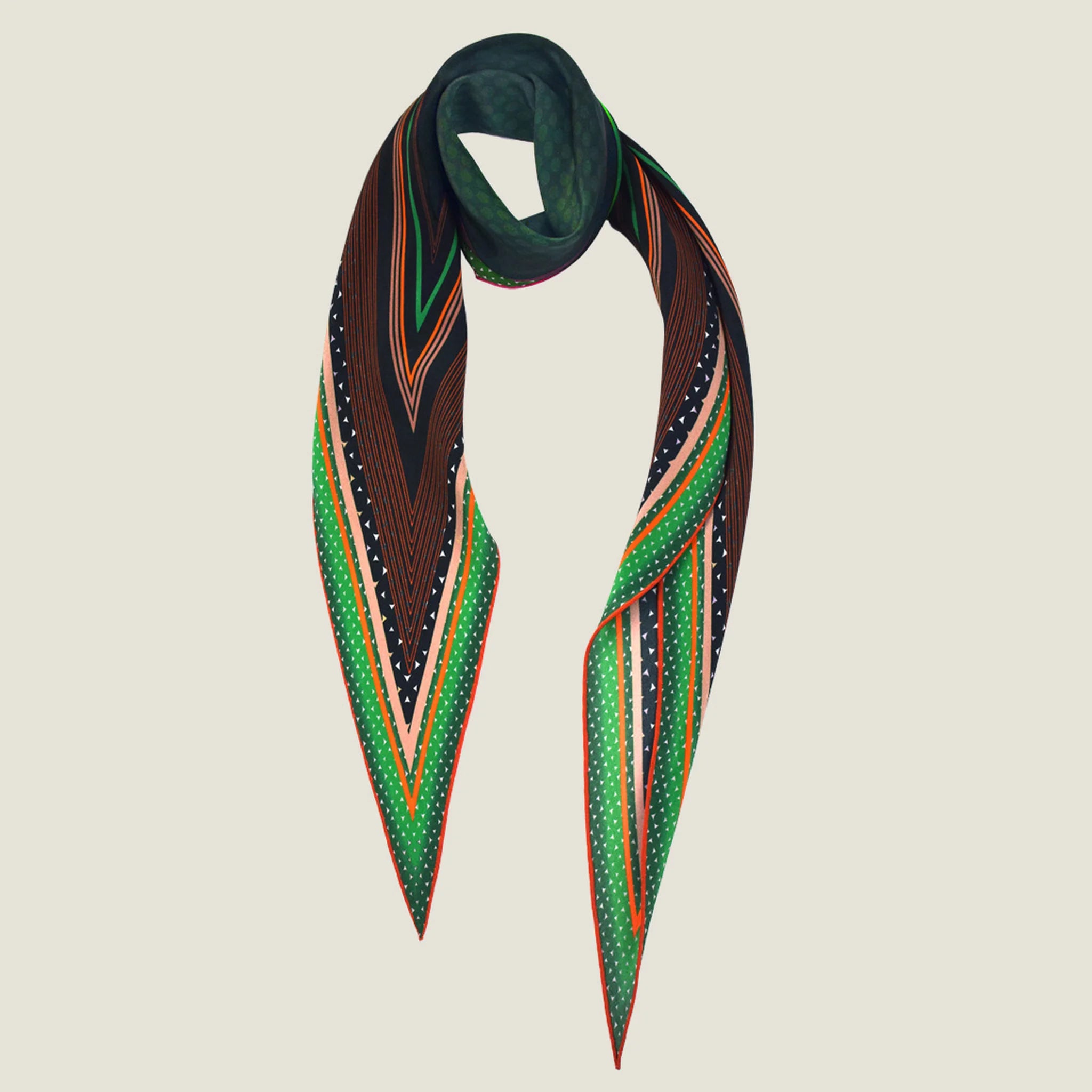 100% silk Riviera Emerald Laslett Diamond in orange; green; geometric by Laslett England. Scarf is shown against a neutral background looped once around the neck. 