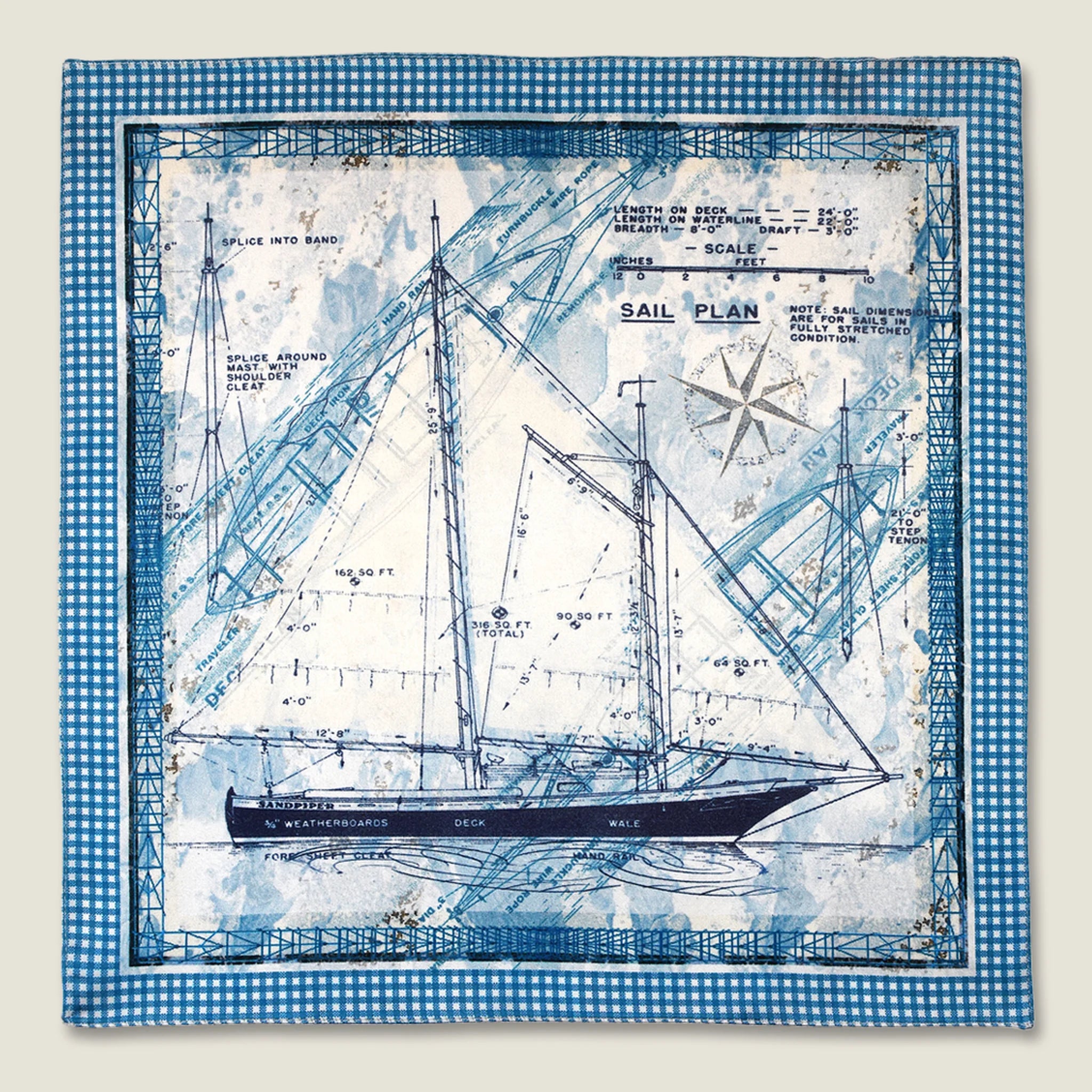 Laslett England Sandpiper Azure pocket square flat lay, blue and white sail plan print with gingham border.