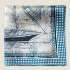 Laslett England Sandpiper Azure pocket square detail, sail plan and rigging print in blue and white with gingham border.