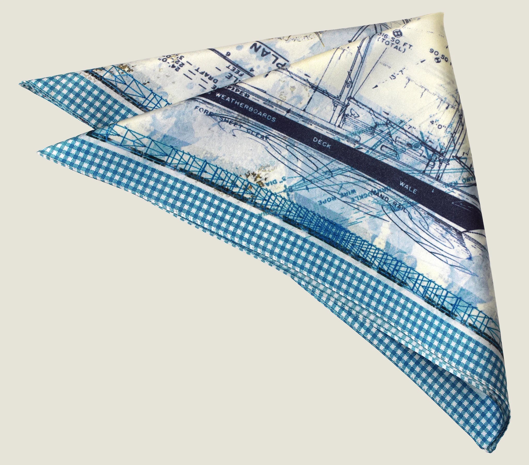 Laslett England Sandpiper Azure pocket square folded as triangle, showing blue gingham border and sail plan detail.