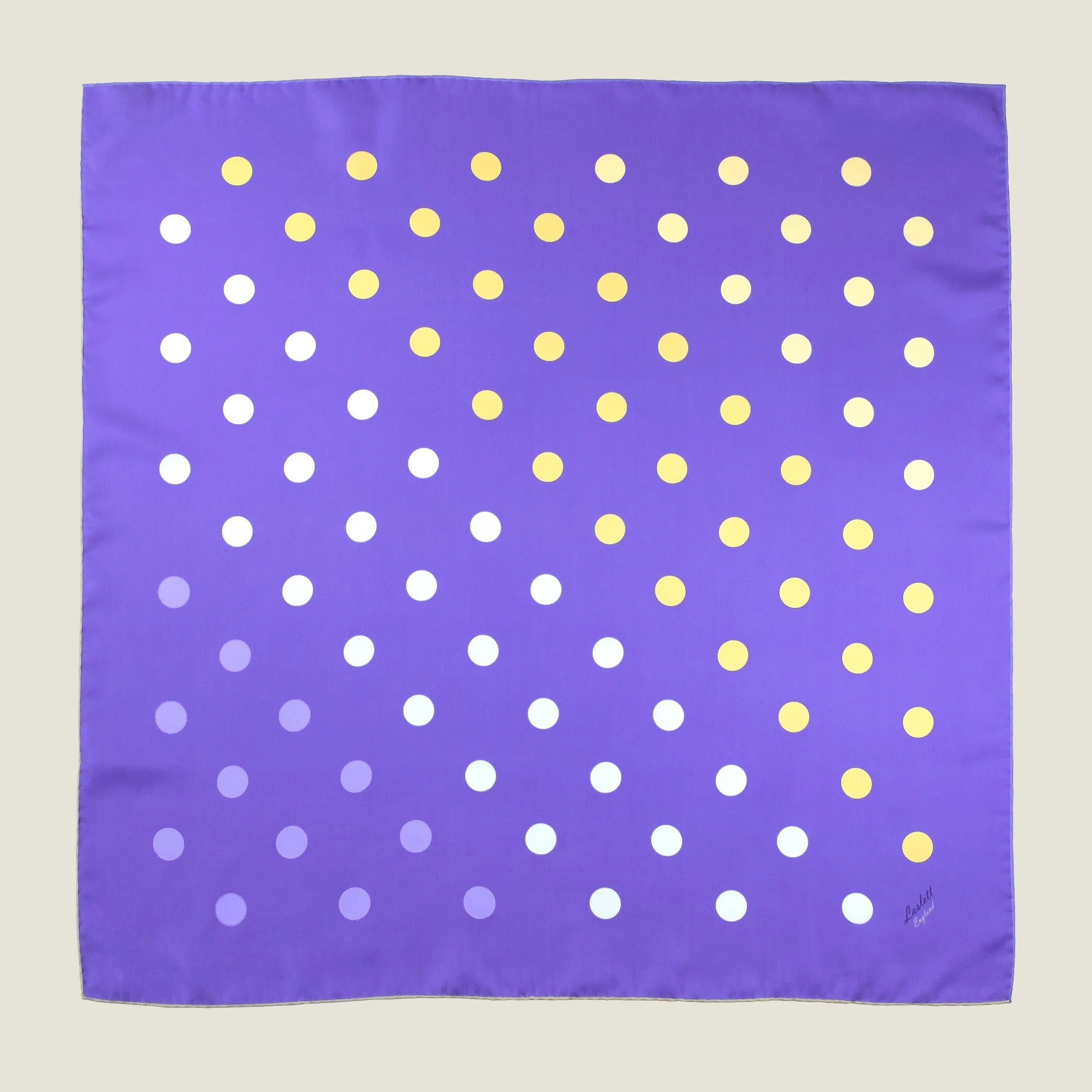 Laslett England Solitaire Violet Foulard flat lay square on, showing full violet silk satin ground with lemon and cream polka dot print.