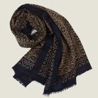 Laslett England Starry Midnight Laslett Wrap folded and gathered, showing blue-black ground with bronze micro-star print on superfine wool