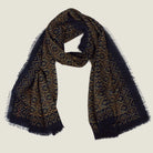 Laslett England Starry Midnight Laslett Wrap flat lay, 120cm x 180cm superfine wool in deep blue-black ground with bronze micro-star print and hand-fringed hem