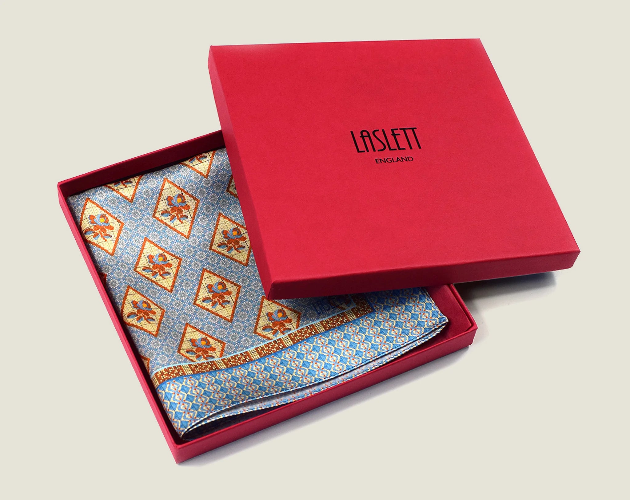 Laslett England Tapestry Rose silk pocket square in red gift box, luxury men's accessory made in England.